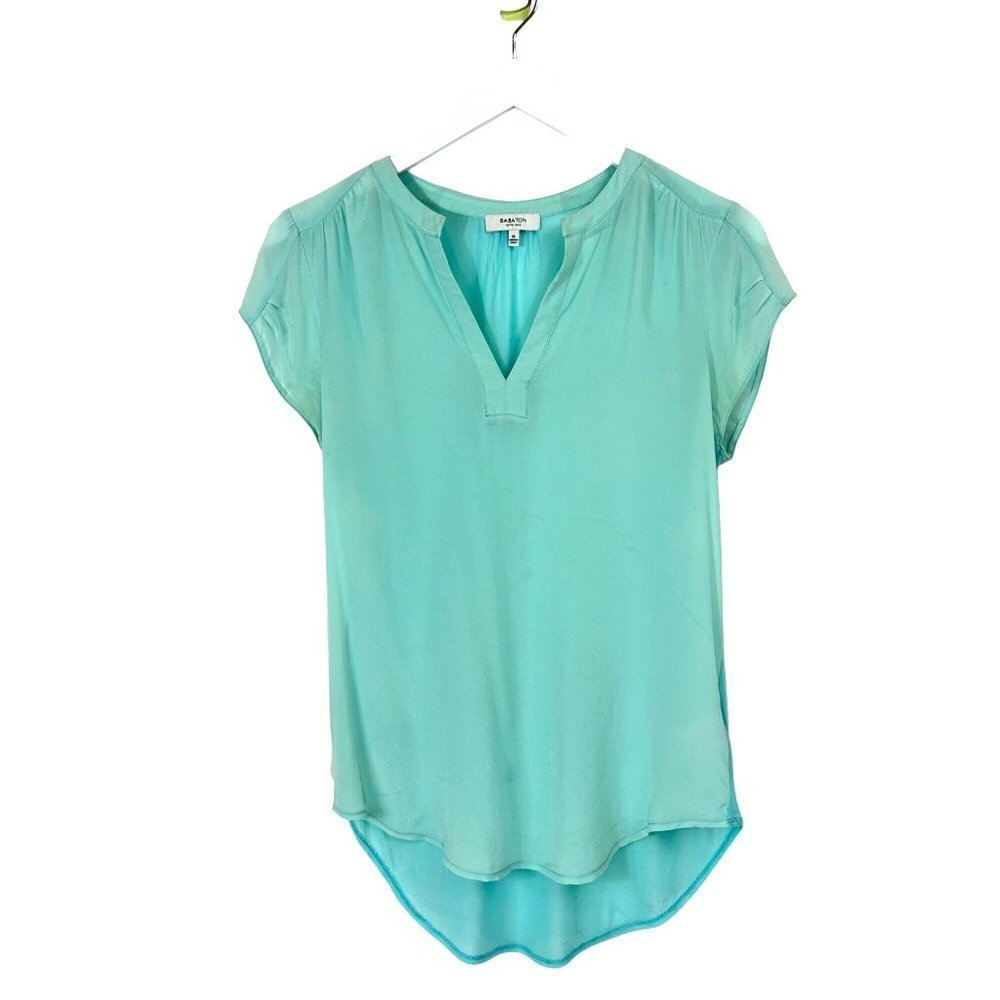 Babaton Blouse Womens XS Aqua Silk Chiffon Short Sleeve Combo High Low Soft